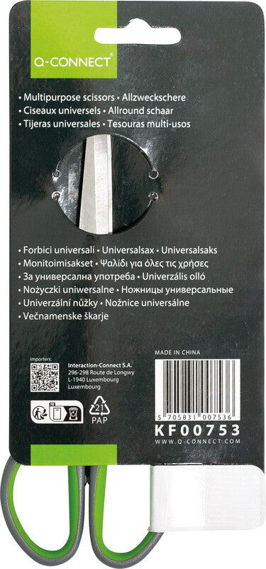 Q-connect Universalschere – 17,5 cm, Edelstahl, für Rechts- und Linkshänder, spitz, Softgrip, Kunststoff, grün