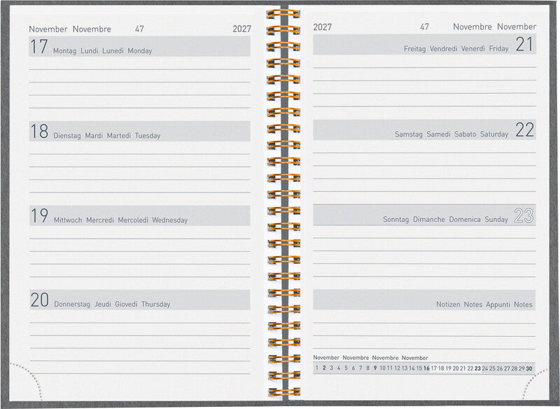 Biella Memento Agenda – 1 Woche/2 Seiten, Wire-O, 10,1 × 14,2 cm, Jan–Dez 2027, Dunkelgrau