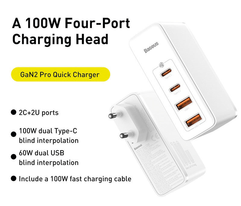 Baseus Ladegerät – 100 W, 2× USB-C + 2× USB-A
