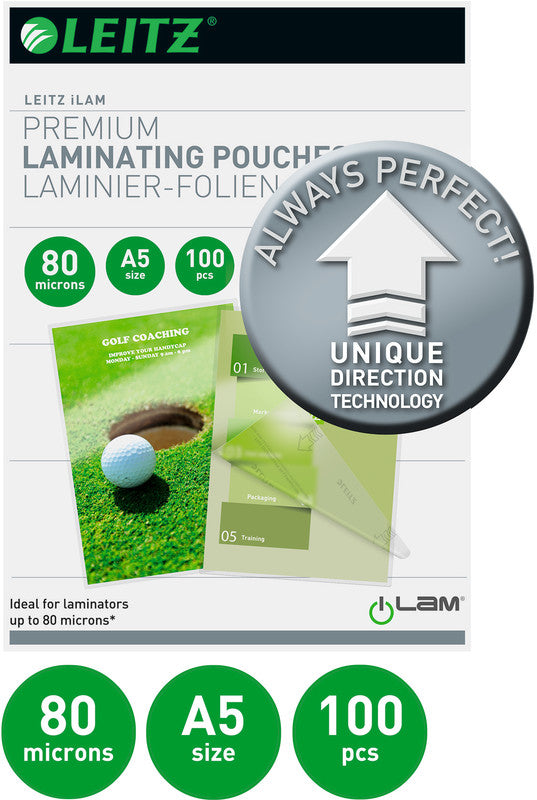 Leitz Laminierfolien A5, glänzend – 80 µm, 153 × 216 mm, 100 Stk.