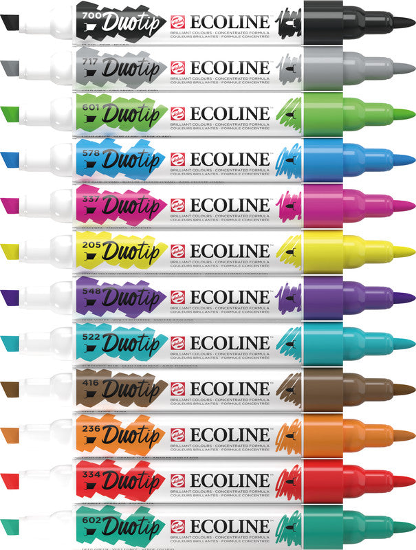 Ecoline Brush Pen Duotip – Keilspitze 6 mm, Rundspitze 1-2 mm – sortiert – 12er-Set – wasservermalbar