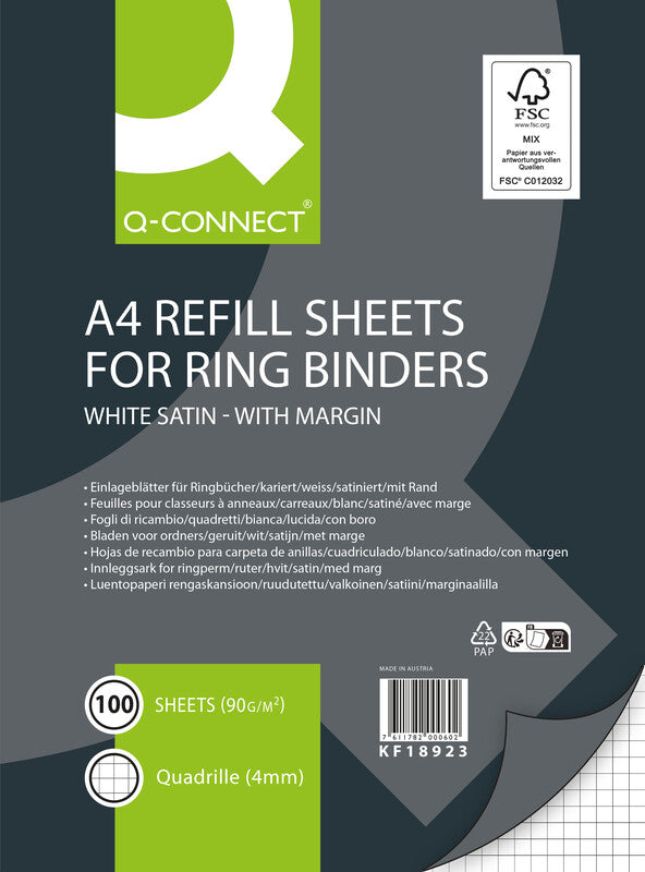 Q-connect Notizbuch-Einlagen A4, kariert 4 mm, mit Rand, 4-fach gelocht, 90 g/m² – 100 Blatt