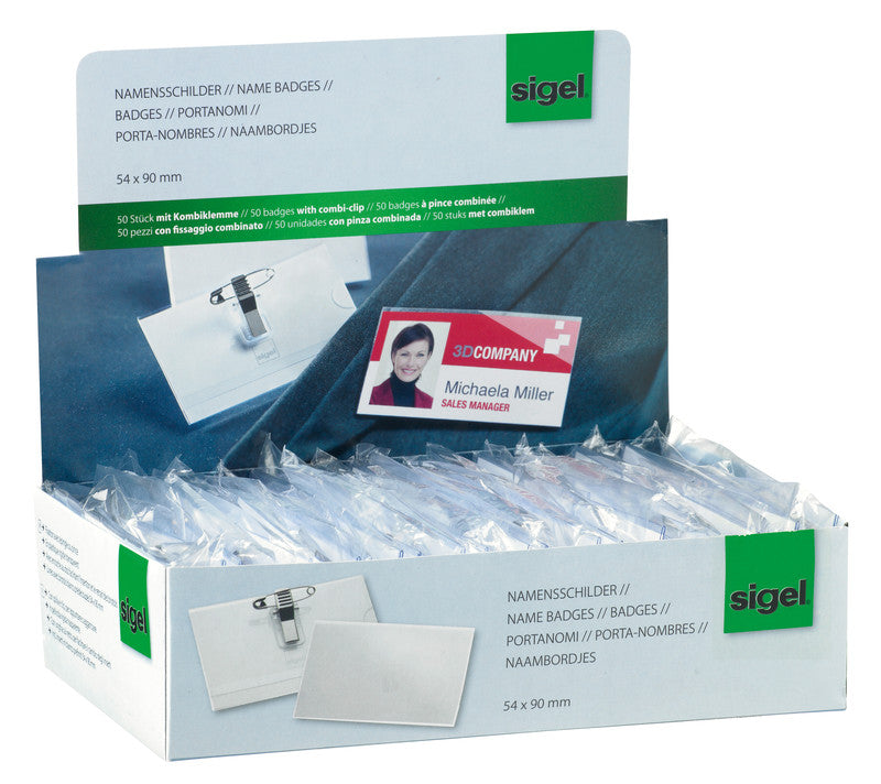 Sigel Namensschild – 90 × 57 mm, Kunststoff, transparent, mit Kombiklemme – 50 Stück