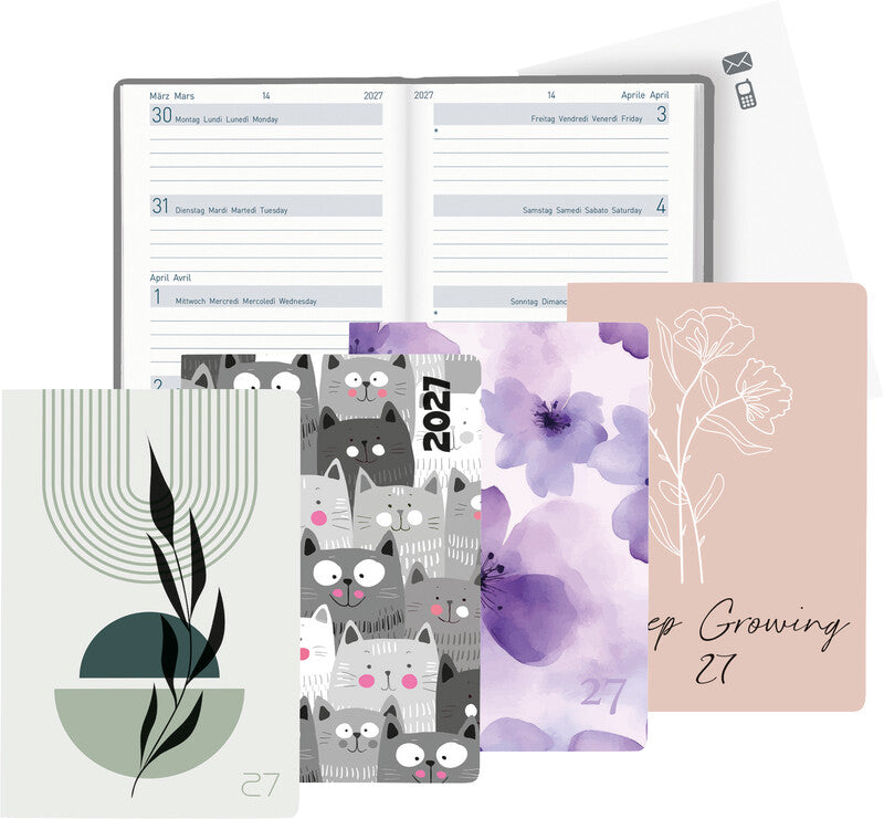 Biella Mittelformat Trend Agenda – 1 Woche/2 Seiten, Gebunden, 7,6 × 11,0 cm, 2026, Mehrsprachig, Flower, FSC