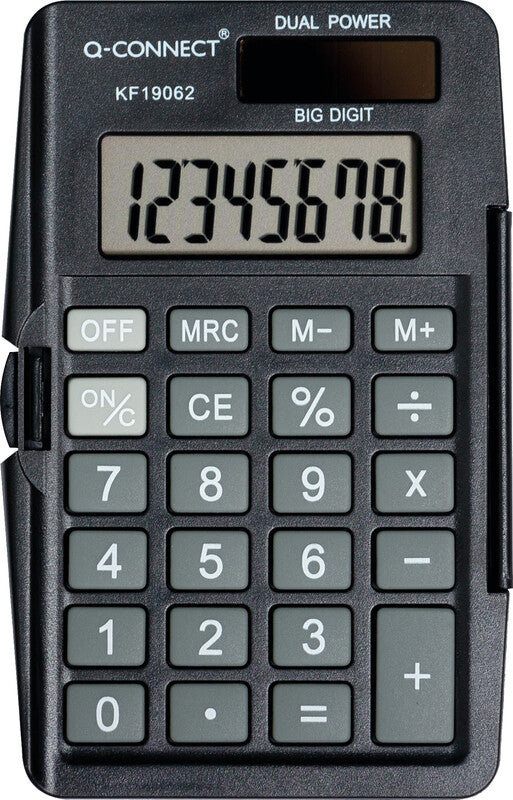 Q-connect Taschenrechner KF19062 – 8-stellig, LCD, Prozent, Solar + Batterie, 61×94×10 mm