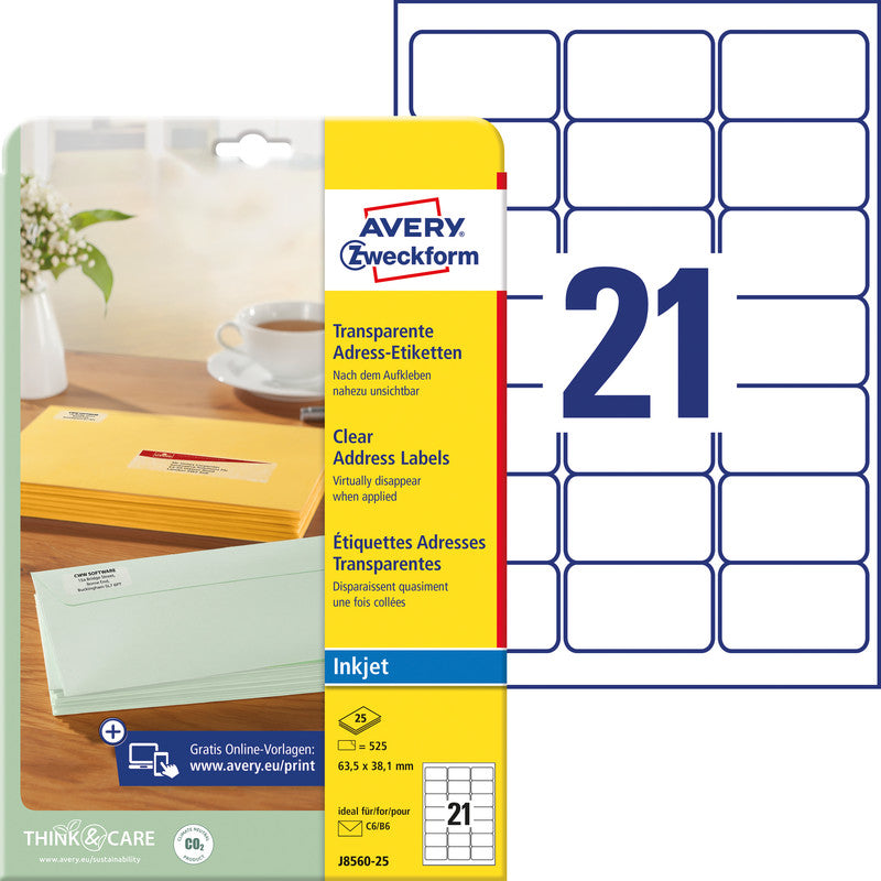 Avery Adress-Etiketten, 63,5 mm × 38,1 mm, transparent, Folie, permanent, 25 Blätter (525 Etiketten)