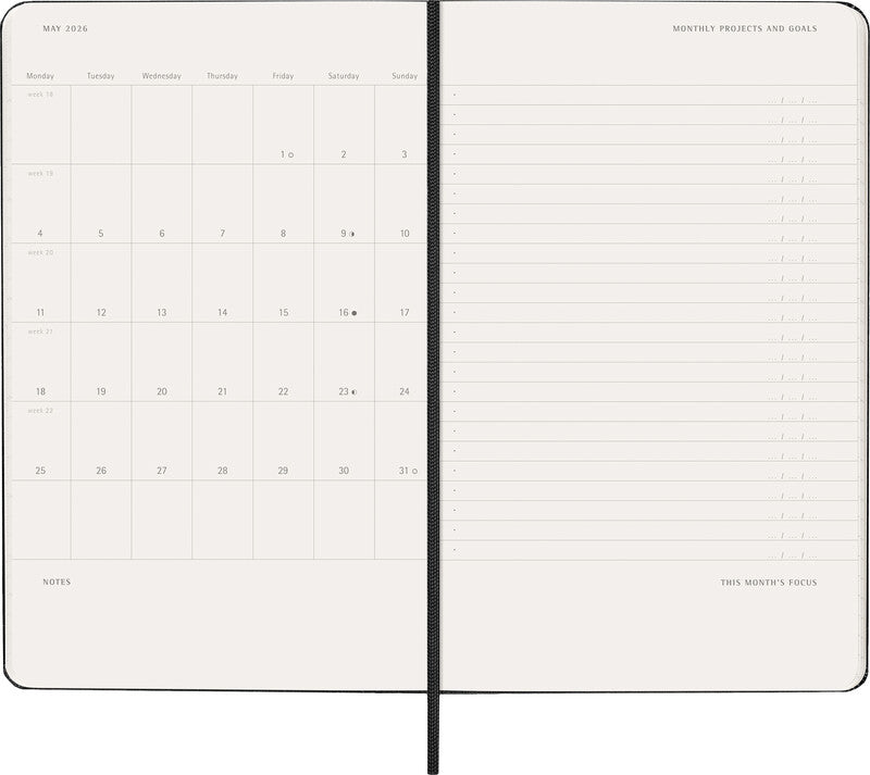Moleskine Agenda – 1 Woche/2 Seiten, gebunden, 13 × 21 cm, Jan–Dez 2026, mehrsprachig, schwarz, FSC
