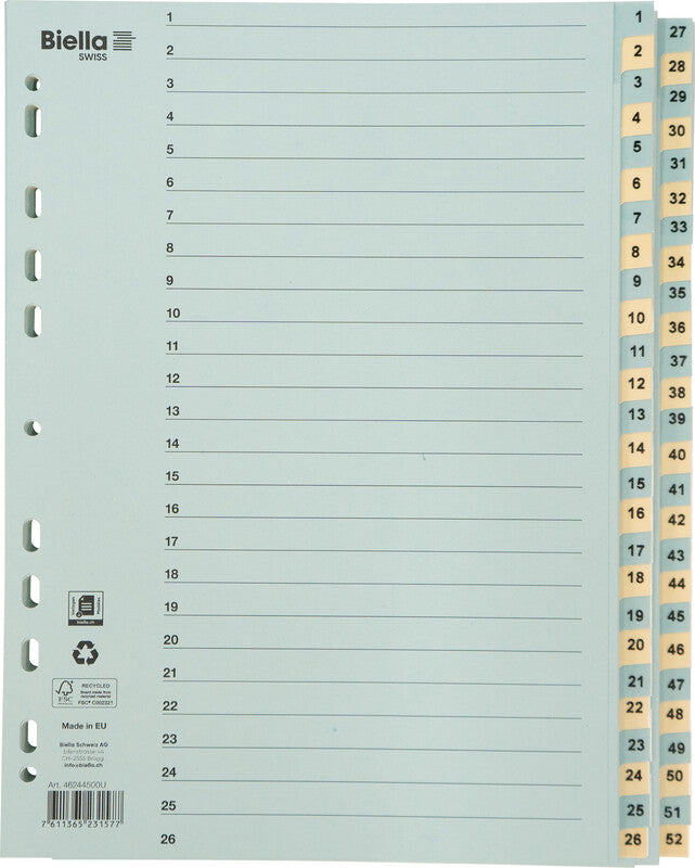 Biella Register – A4, Karton, farbig, vorgedruckt, 11-fach Lochung, mit Indexblatt