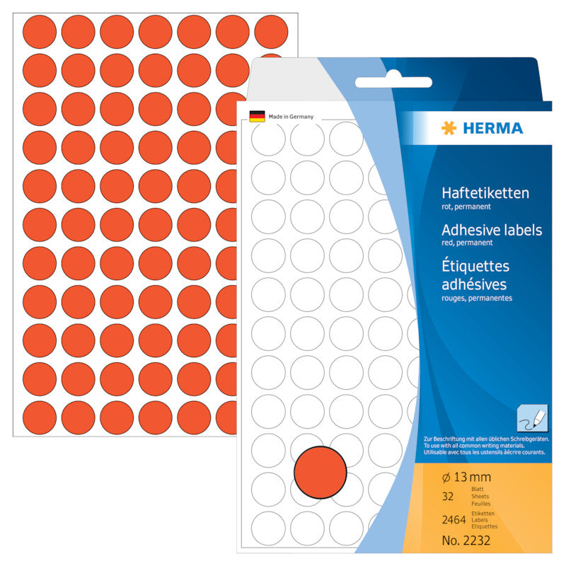 HERMA Haftetiketten – rund Ø 13 mm, permanent, rot, Bogen 111 × 170 mm, 32 Blatt (2'464 Stk.)