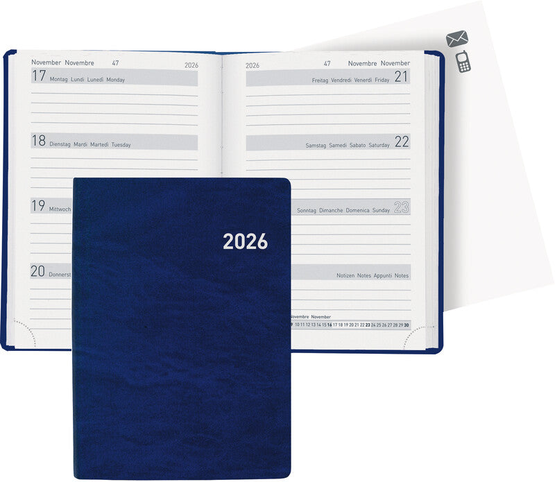 Biella Memento Agenda – 1 Woche/2 Seiten, gebunden, 10,1 × 14,2 cm, 2026, mehrsprachig, dunkelblau, FSC