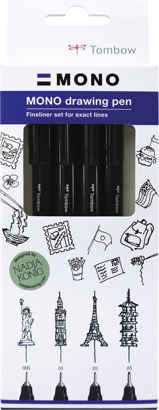 Tombow Mono Drawing Pen Fineliner – 4er-Set – Schwarz – Wasserfest