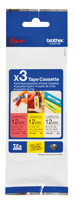 Brother Schriftband – 12 mm × 8 m, sortiert, schwarz – TZe-231, TZe-431, TZe-631, 3er-Pack