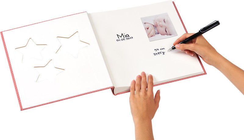 Walther Design Fotoalbum Baby Estrella – für 280 × 305 mm, rosa, illustrierter Vorspann, Karton
