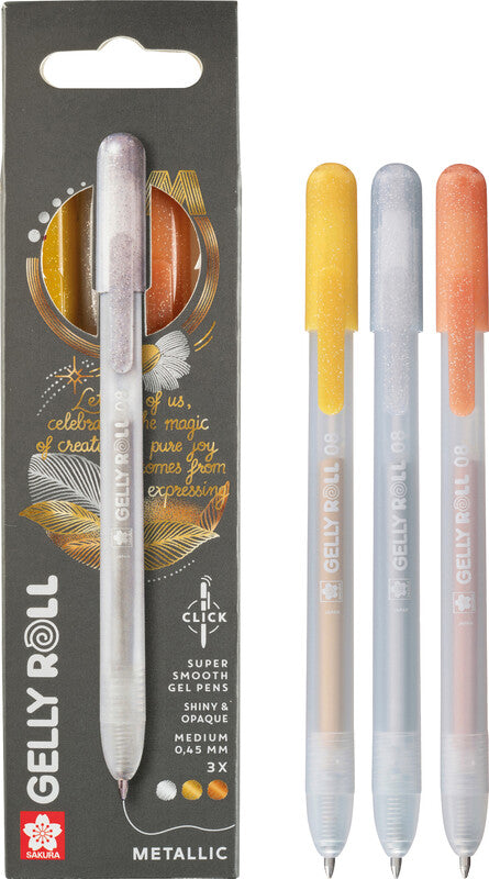 Sakura Gelly Metallic Clicker Gelschreiber 3er Set – 3 Farben, 0,5 mm, schnelltrocknend, Druckmechanik