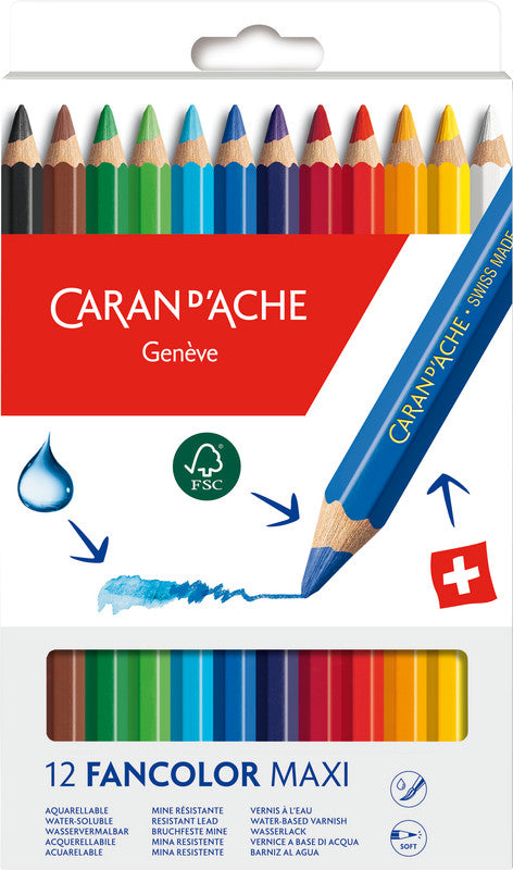 Caran d-Ache Caran d'Ache Aquarellfarbstifte Fancolor Maxi – 12 Farben, im Kartonetui, Ø 6 mm, FSC
