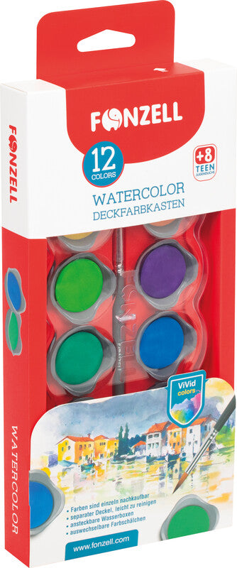 Fonzell Deckfarbkasten – 12 Farben, sortiert, mit Pinsel