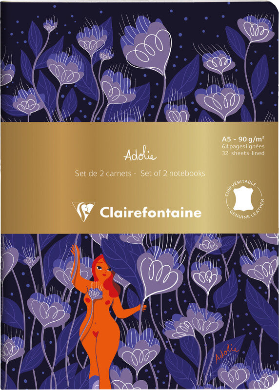 Clairefontaine Notizbuch Adolie, A5, liniert, Fadenheftung, 64 Seiten, 90 g/m² – mehrfarbig, 2er-Pack