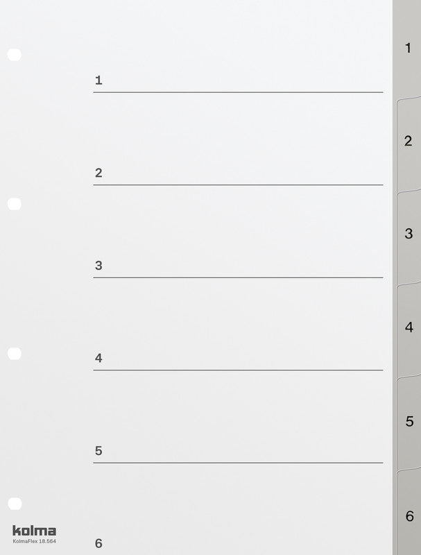 KolmaFlex Register – A4, 6-teilig, PP, grau, vorgedruckt, nummeriert 1–6, 4-fach gelocht, Indexblatt