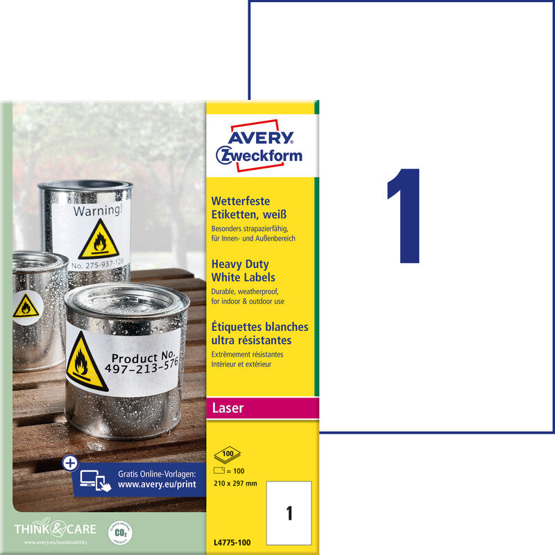 Avery Selbstklebende Etiketten, 210 mm × 297 mm, weiss, Folie, extra stark, 100 Blatt