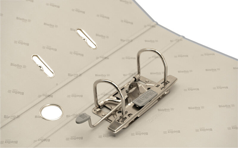 Biella Ordner – A4 hoch – 2-Ring Hebelmechanik, Rücken 40 mm – grau, mit Niederhalter, mit Griffloch, FSC