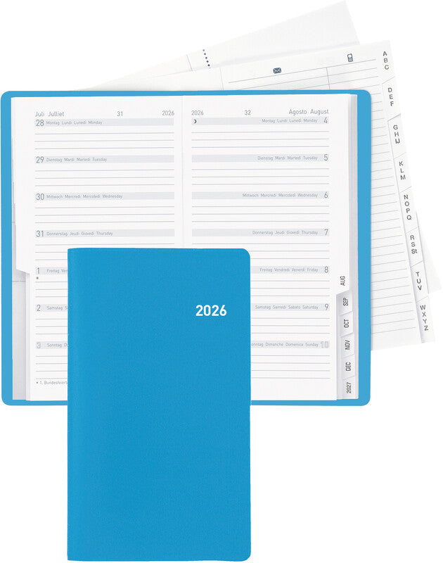 Biella Planer Bern Wochenplaner – 1 Woche/1 Seite, geheftet, 8,7 × 15,3 cm, Jan–Dez, 2026, blau, PEFC