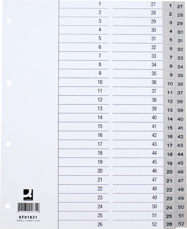 Q-Connect Register – für A4, Kunststoff (PP), 1–52, 52-teilig, Grau, 11-fach