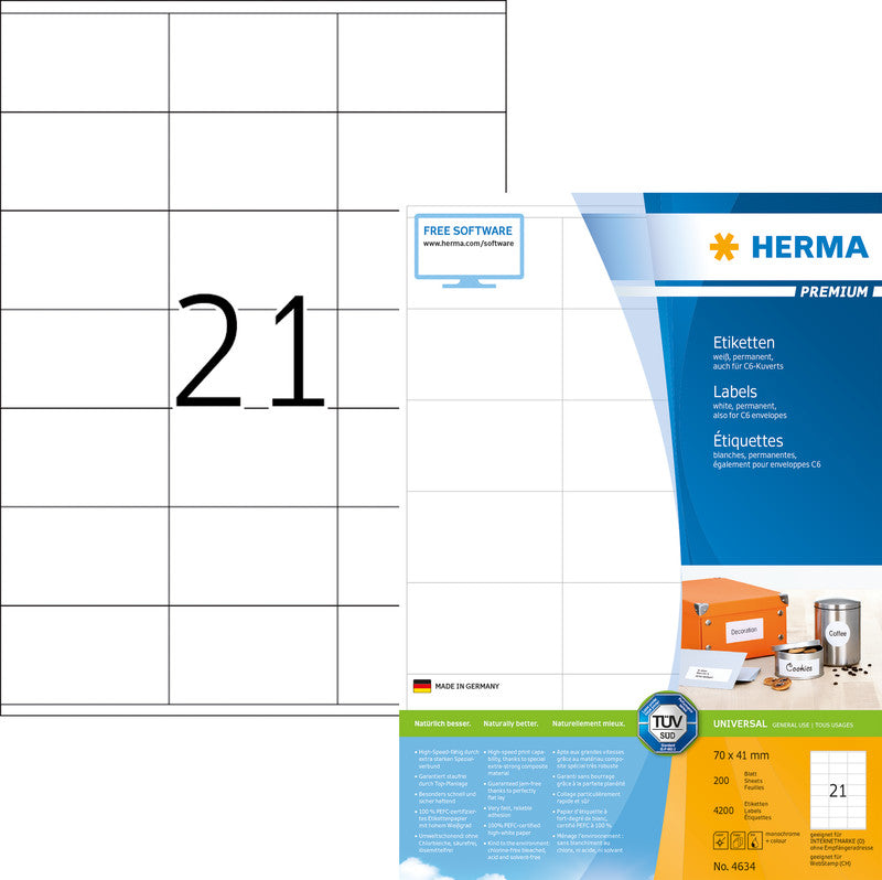 HERMA Drucketiketten, 70 mm × 41 mm, weiss, Papier, permanent, 200 Blatt