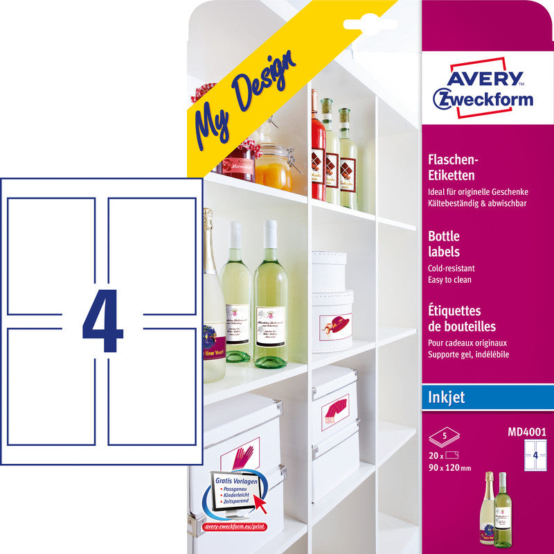 Avery Drucketiketten, 90 mm × 120 mm, weiss, Papier, permanent, 20 Etiketten (5 Blatt)