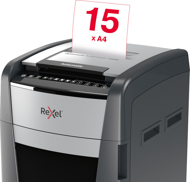 Rexel Optimum AutoFeed+ 750M – Aktenvernichter mit Autofeed 750 Blatt, DIN P-5, Mikroschnitt 2 × 15 mm, 140 l
