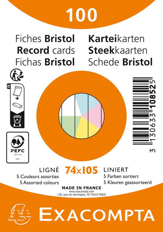 Exacompta Karteikarte A7 Querformat, Liniert, Mehrfarbig, 205 g/m², Karteikarton – 100 Stück