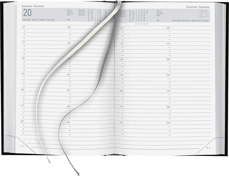 Biella Manager Agenda – 1 Tag pro Seite, gebunden, 14,5 × 20,5 cm, 2027, 1/4-Stunden-Takt, mehrsprachig, schwarz, FSC