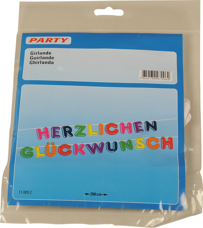 Party Girlande aus Karton, mehrfarbig, Motiv Herzlichen Glückwunsch, 2500 mm