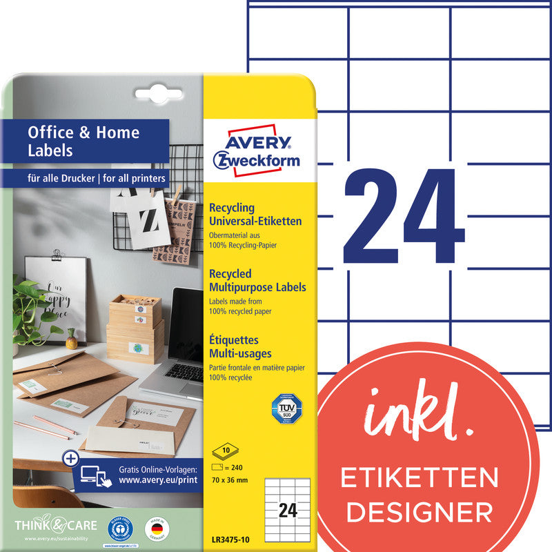 Avery A4-Etiketten, 70 mm × 36 mm, naturweiss, permanent, für Laser-/Inkjetdrucker, 240 St.