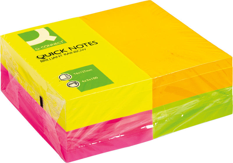 Q-Connect Haftnotizen Quick Notes – 127×76 mm – sortiert, 12×100 Blatt, FSC