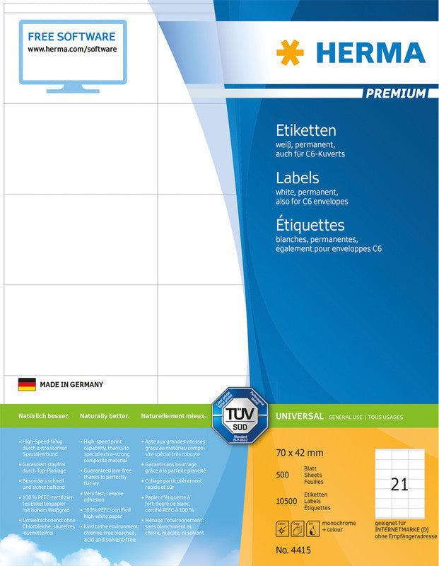 HERMA Blattetiketten, 70 mm × 42 mm, weiss, Papier, permanent, 500 Blatt