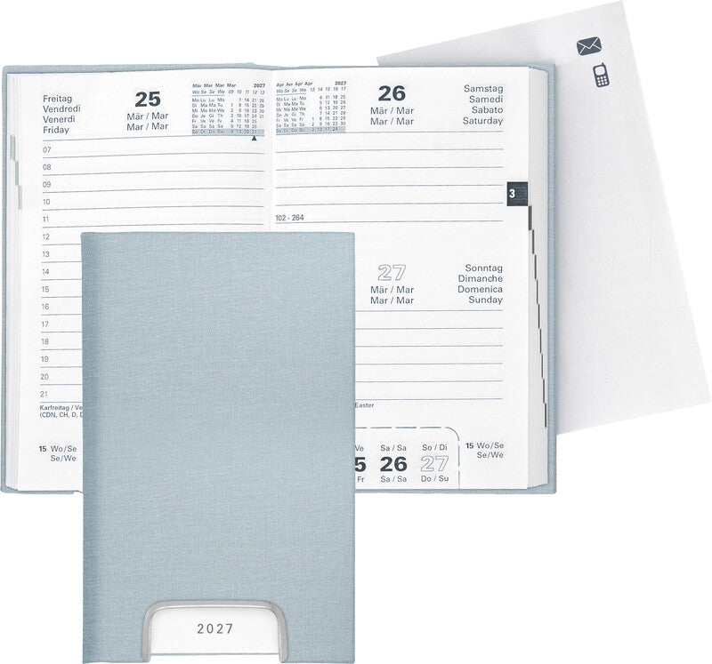 Biella Disponent Agenda – 1 Tag/Seite, gebunden, 10,1 × 16,0 cm, 2027, 1‑h‑Takt, mehrsprachig, hellblau, FSC