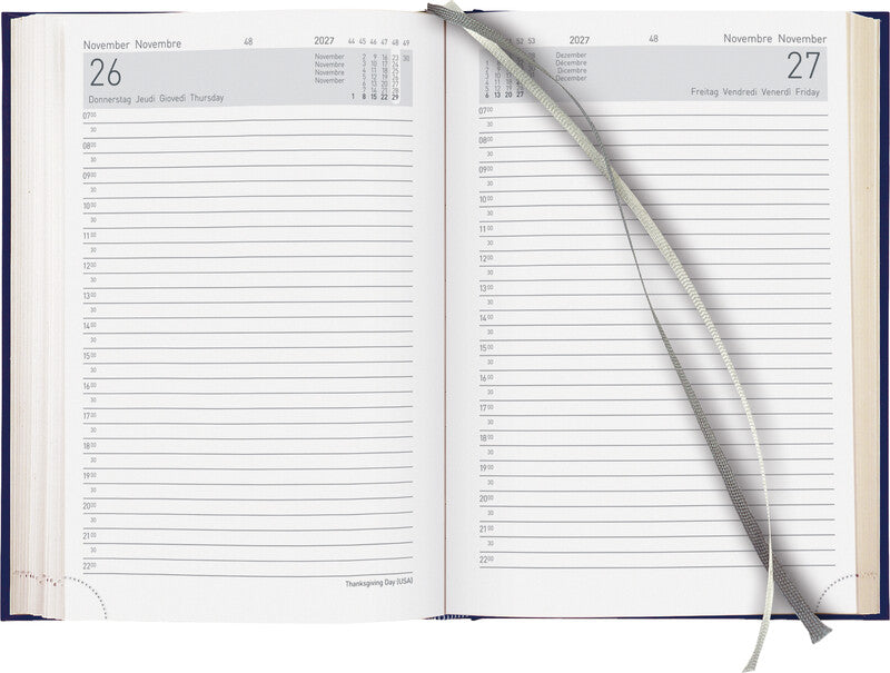 Biella Executive Agenda – 1 Tag pro Seite, gebunden, 14,5 × 20,5 cm, 2027, 1/2-Stunden-Takt, Dunkelblau, FSC