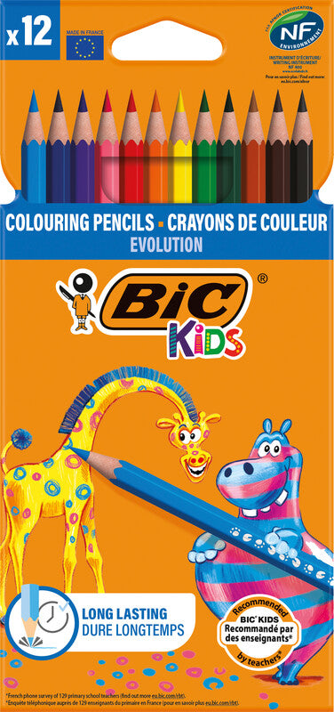 BIC Farbstifte Evolution Kids – 12 Farben, im Kartonetui, Kunstharz, Ø 3,2 mm, NF Environment