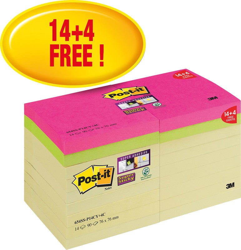 Post-it Super Sticky Haftnotizen – 76×76 mm – sortiert (gelb, Ultrapink, Neongrün), 18×90 Blatt, PEFC