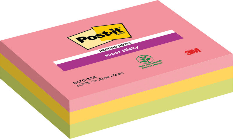 3M Post-it Super Sticky Haftnotizen – 203×152 mm – sortiert (Guavapink, Ultragelb, Limonengrün), 3×45 Blatt, PEFC