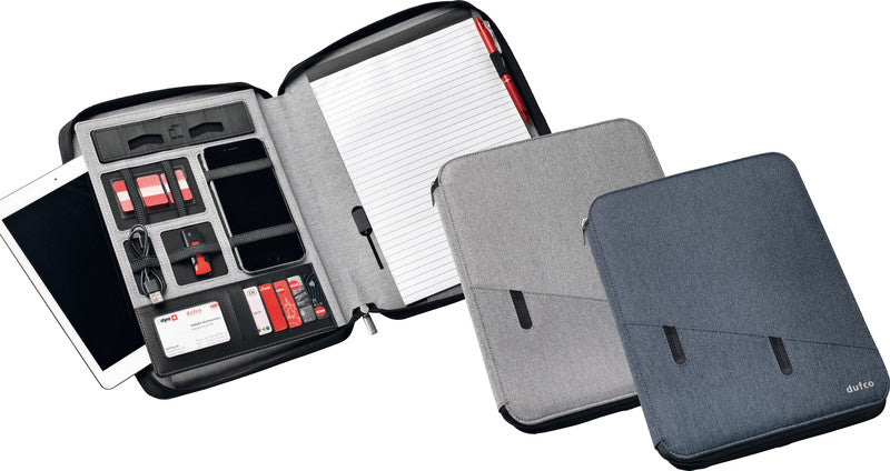 Dufco Konferenzmappe – A4, Reissverschluss, Visitenkartenfach, mit Powerbank, Textil, Jeansblau