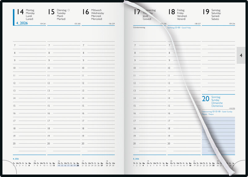 Biella Budget 7 Agenda – 1 Tag/2 Seiten, gebunden, 14,5 × 20,5 cm, 2026, 1‑h‑Takt, schwarz, FSC