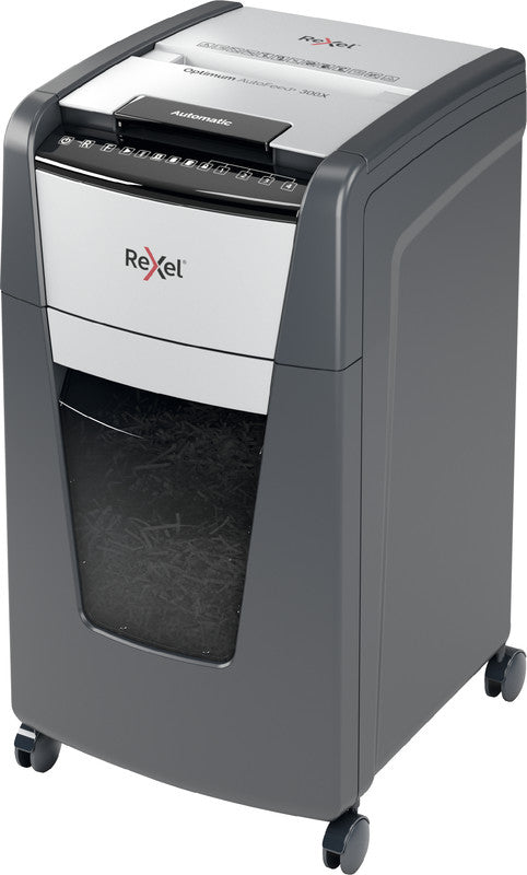 Rexel Optimum AutoFeed+ – Aktenvernichter mit Autofeed 300 Blatt, DIN P-4, Partikelschnitt 4 × 25 mm, 60 l