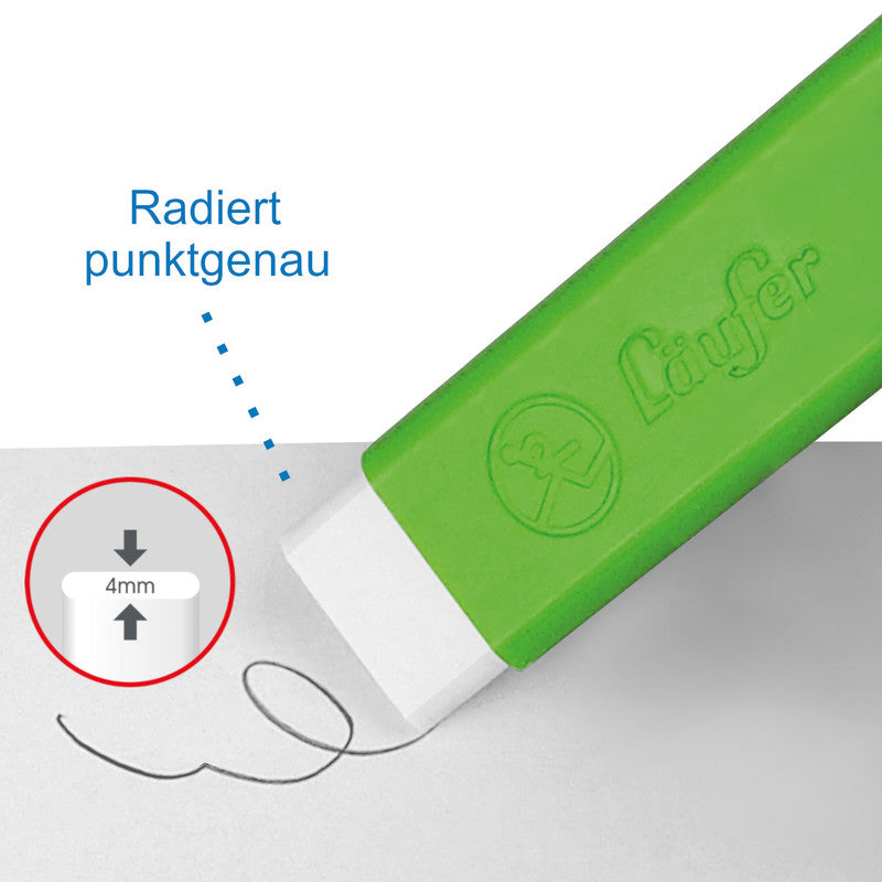 Laufer Radierer – für Bleistifte, Farbstifte – 21 × 7 × 21 mm – Kunststoff – grün