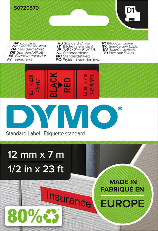 DYMO Schriftband – 12 mm × 7 m, rot, schwarz – für LabelPoint 200, 250, 300, u. a.