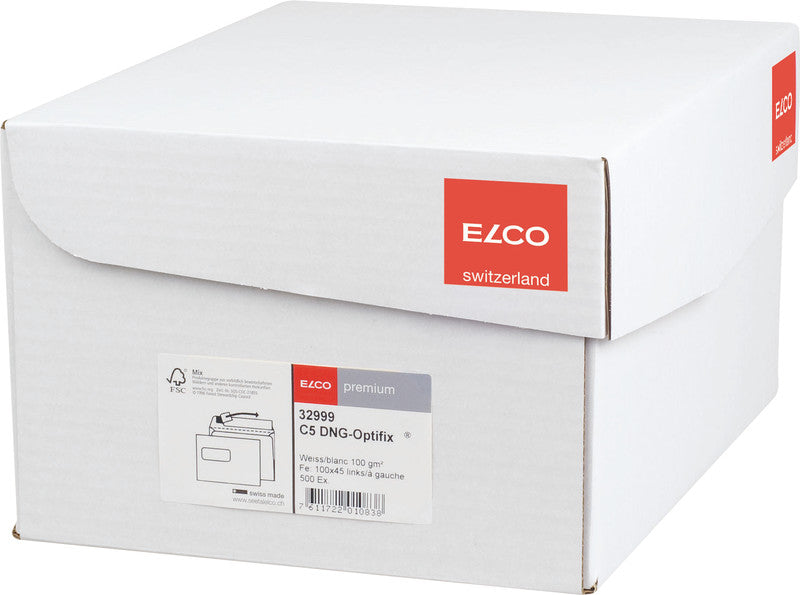 Elco Couvert C5, Fenster links, Haftklebung, hochweiss, 100 g/m² – 500 Stk.