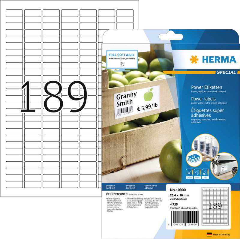 HERMA Etiketten, 25 mm × 10 mm, weiss, Papier, extra stark, 25 Blatt