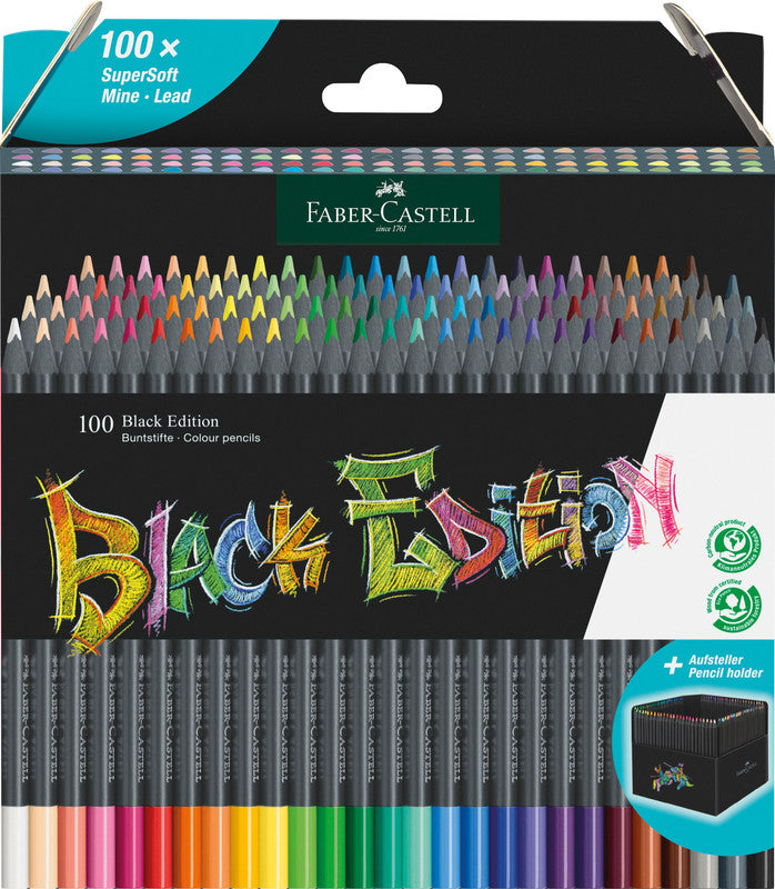 Faber-Castell Buntstifte Black Edition – 100 Farben, im Kartonetui, Ø 3 mm, dreikantig, FSC
