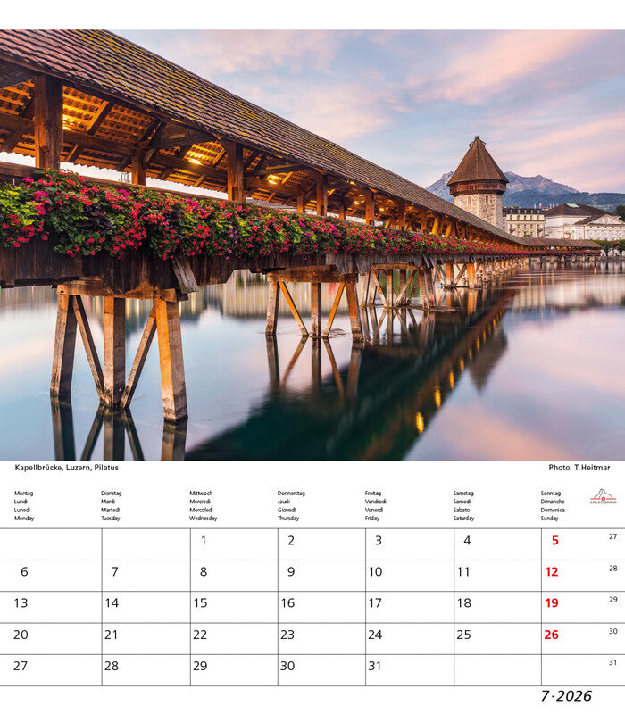 Calendaria Bildkalender Schweiz 2026 – 21 × 24 cm – mit Tagesfeldern, mit Aufhänger
