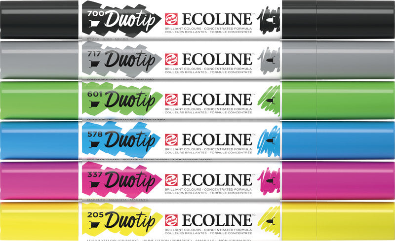 Ecoline Non-Permanent-Marker Duotip – Keilspitze 6 mm, Rundspitze 1-2 mm – sortiert – 6er-Set – wasservermalbar